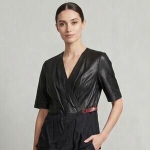 Lafayette 148 New York Jacket Womens 12 Black Leather Linen Short Sleeve Moto